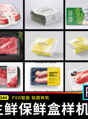 超市保鲜盒生鲜肉类海鲜速冻食品透明包装盒贴图样机PSD设计素材