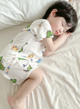 儿童连体睡衣夏季男童短袖1一2岁宝宝恐龙睡袍薄款男宝连身防着凉