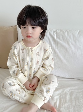 韩国儿童夏季长袖薄款连体睡衣双层纱布纯棉宝宝睡袋男女童空调服