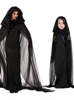 COS儿童女恐怖黑色死神披风亲子装扮 万圣节成人男搞怪幽灵衣服饰