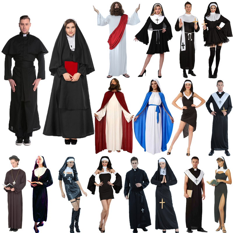 复活节成人男COS神父牧师传教士服装 万圣节修女头饰话剧演出衣服