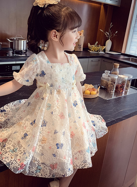 女童公主裙夏季新款儿童裙子韩版洋气蝴蝶蕾丝裙女孩泡泡袖连衣裙