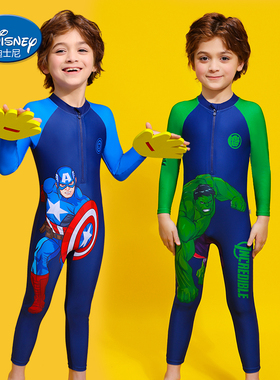 迪士尼儿童泳衣男长袖长裤防晒蜘蛛侠小孩泳装连体速干保暖中大童