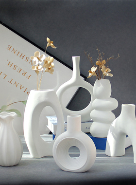 现代简约白色陶瓷花瓶摆件假花干花客厅电视柜家居装饰品磨砂花器