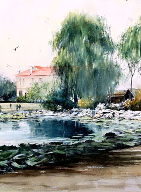 老上海张园荷花池 居家装饰画 客厅 书房 挂墙画 原创水彩画风景