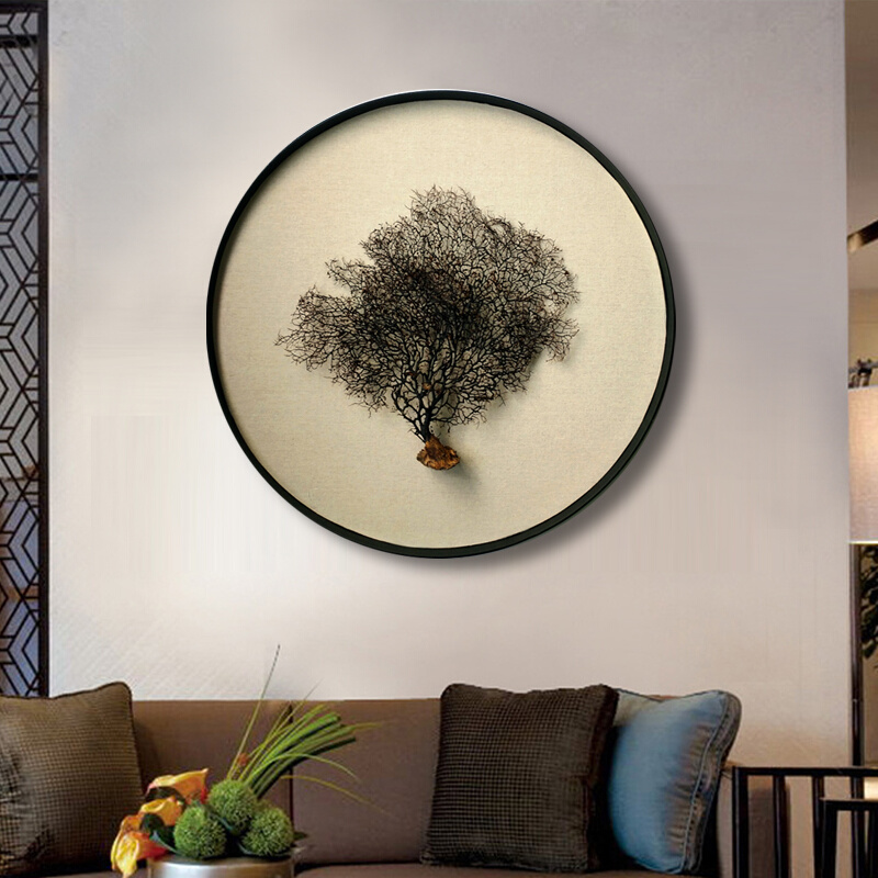 新中式圆框画海树实物立体画客厅餐厅玄关茶室背景墙居家装饰挂画