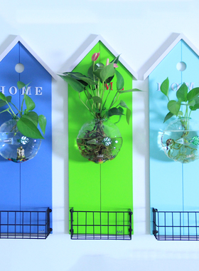 创意壁挂水培玻璃花瓶斗鱼缸花器木质置物架挂件室内墙上收纳装饰