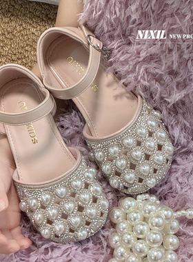 2024夏季新款童鞋女童公主鞋超美的爱心珍珠包头半凉鞋韩版女孩鞋