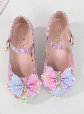 爱莎公主鞋2024新款小女孩水晶鞋女宝宝搭扣鞋子彩虹儿童高跟鞋子