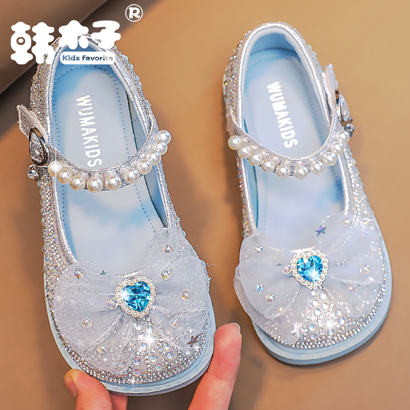 女童水晶鞋春秋儿童爱莎公主鞋小皮鞋女2024年新款女童鞋水钻皮鞋