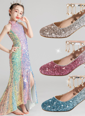 春季女童高跟鞋小女孩粉色水晶鞋走秀表演出亮片童鞋子儿童公主鞋