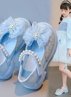 女童水晶鞋春秋儿童公主鞋2023新款爱莎女孩皮鞋水钻软底宝宝鞋子