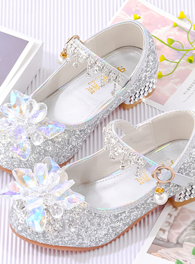 女童水晶鞋儿童银色公主鞋时尚演出礼服皮鞋女孩高跟鞋百搭花童鞋