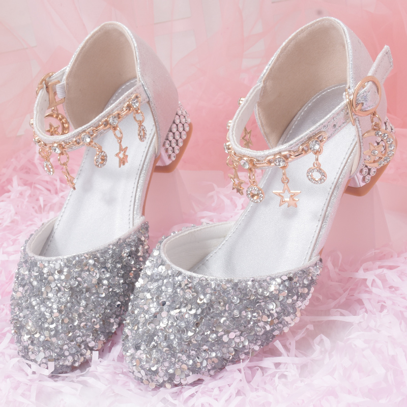 公主鞋女童礼服水晶鞋女儿童银白色高跟小女孩走秀演出亮晶晶鞋子