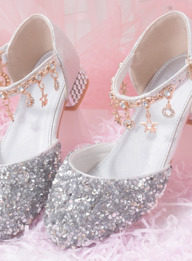 公主鞋女童礼服水晶鞋女儿童银白色高跟小女孩走秀演出亮晶晶鞋子