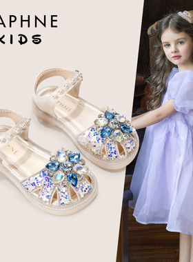 达芙妮女童鞋水晶鞋2024夏季新款儿童软底鞋子小女孩爱莎公主凉鞋