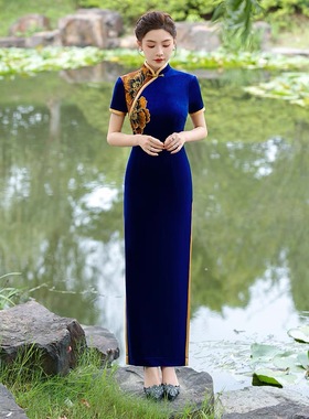 老上海旗袍高级感丝绒走秀演出服改良版长款优雅斜襟短袖厂家直销
