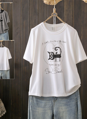 夏季大码200斤字母创意小猫短袖T恤女百搭宽松短袖体恤上衣ins潮