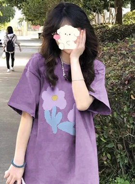 复古紫色t恤短袖显瘦大码女装胖mm纯棉ins潮独特夏季百搭炸街上衣