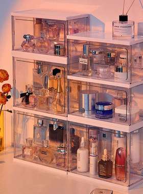 暖色系香水收纳盒桌面置物架展示柜网红梳妆台化妆品多功能防尘盒