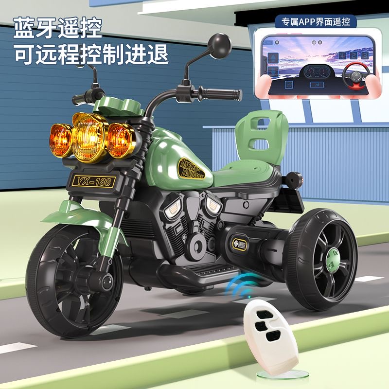 复古风新款儿童三轮车儿童电动车电动摩托车蓝牙充电遥控玩具车