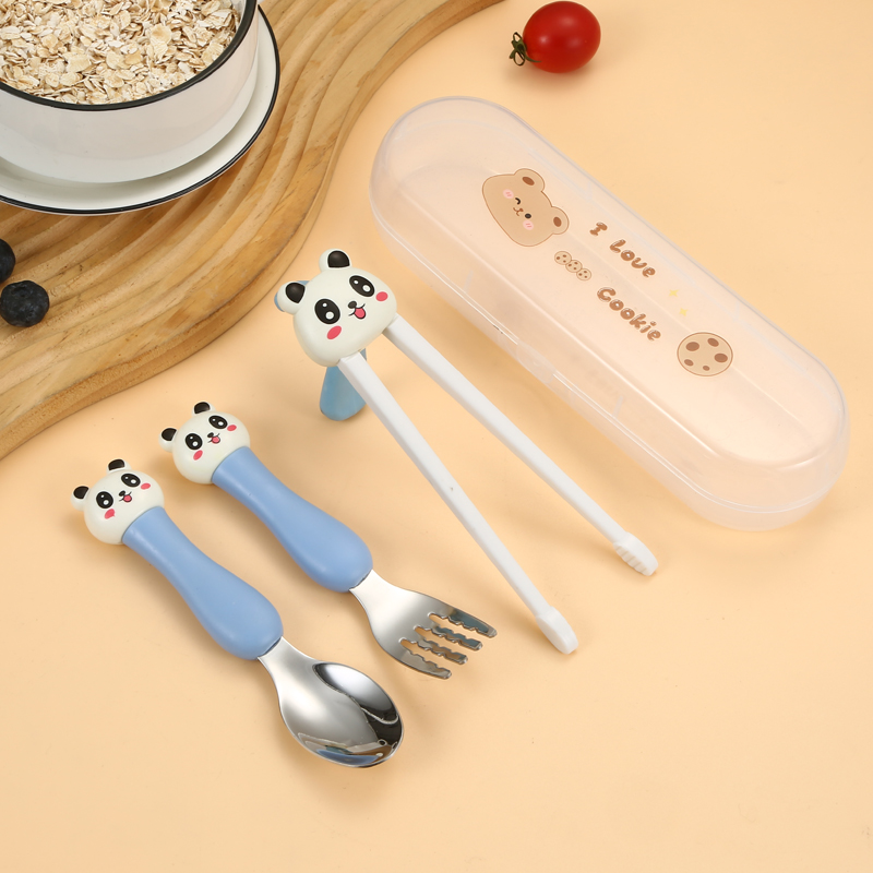 卡通小熊猫304不锈钢儿童餐具勺叉筷3件套家用宝宝学吃饭训练勺