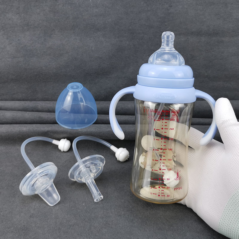 1岁宝宝PPSU塑料奶瓶宽口径手柄吸管一瓶三用学饮鸭嘴吸管杯300ml