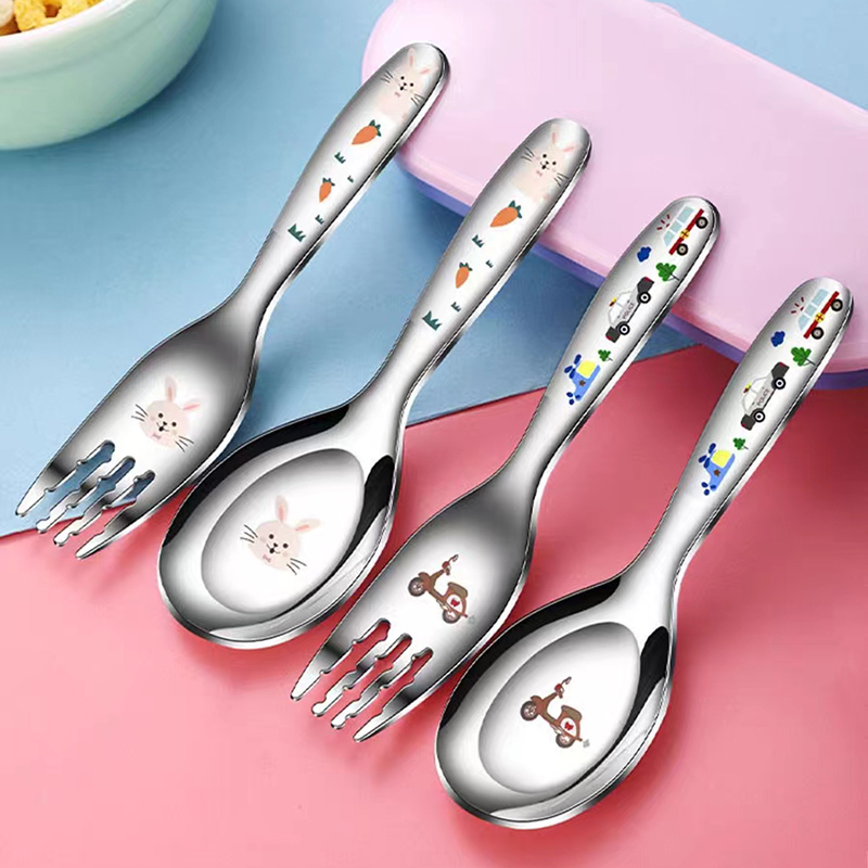 儿童勺子叉子不锈钢316家用宝宝吃饭叉勺套装卡通可爱大汤勺汤匙