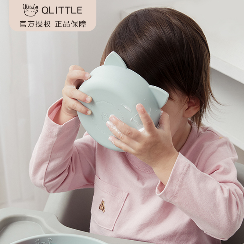 英国Qlittle婴儿辅食碗宝宝学吃饭训练小碗硅胶可蒸煮萌趣猫便携