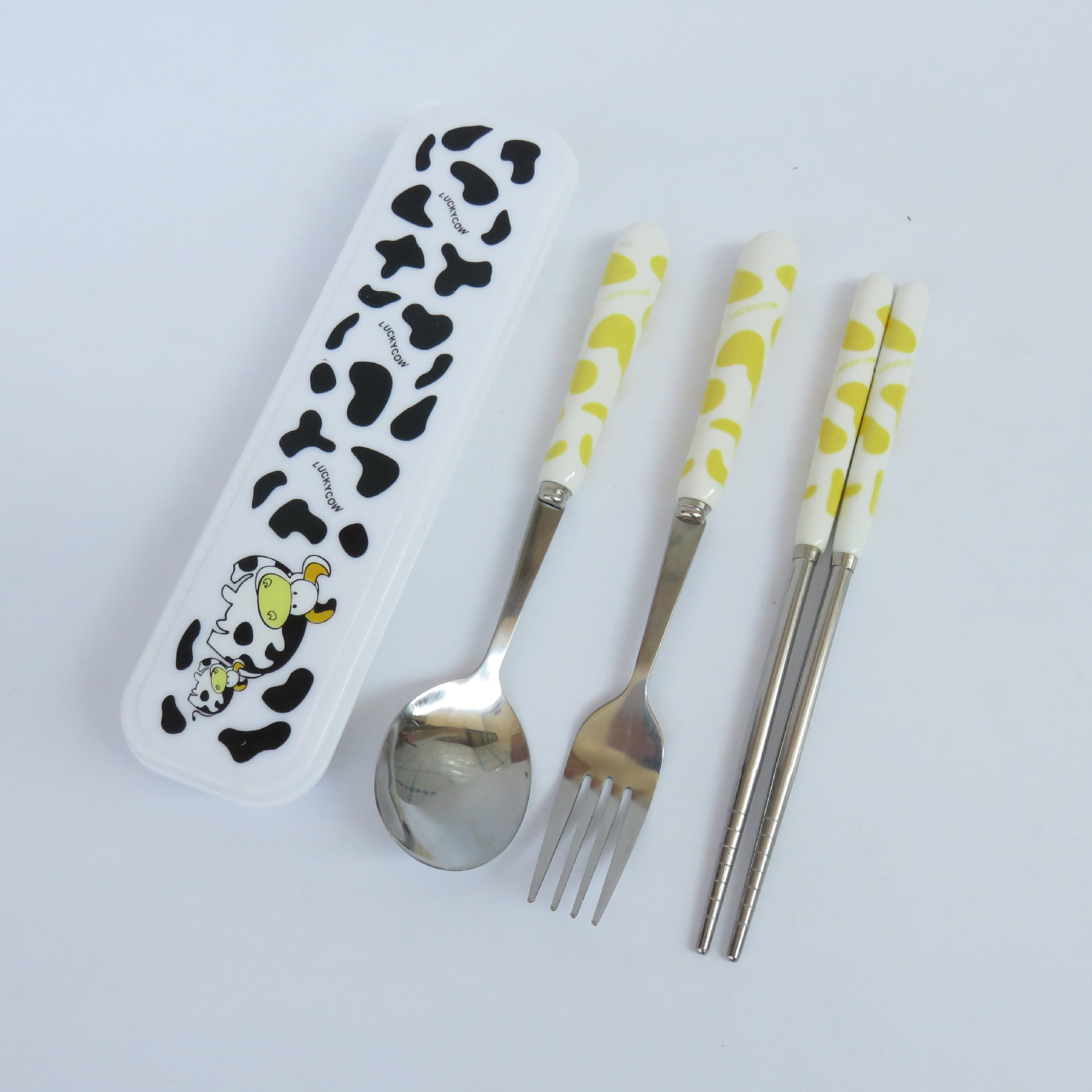 小学生儿童卡通奶牛陶瓷不锈钢餐具套装筷子勺子叉子便携式三件套