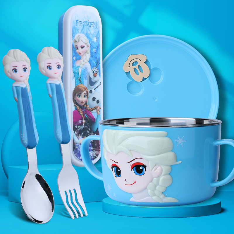 迪士尼儿童碗不锈钢防摔防烫3岁5勺子餐具套装艾莎爱莎公主食品级