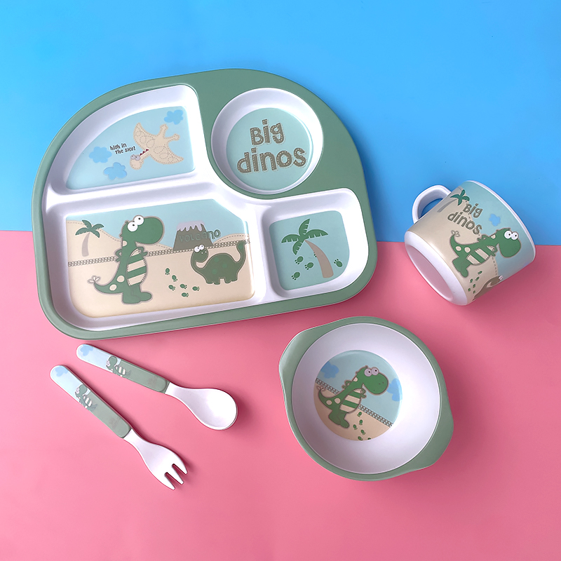 卡通竹纤维儿童餐具套装恐龙分格餐盘家用幼儿园宝宝婴儿辅食碗勺