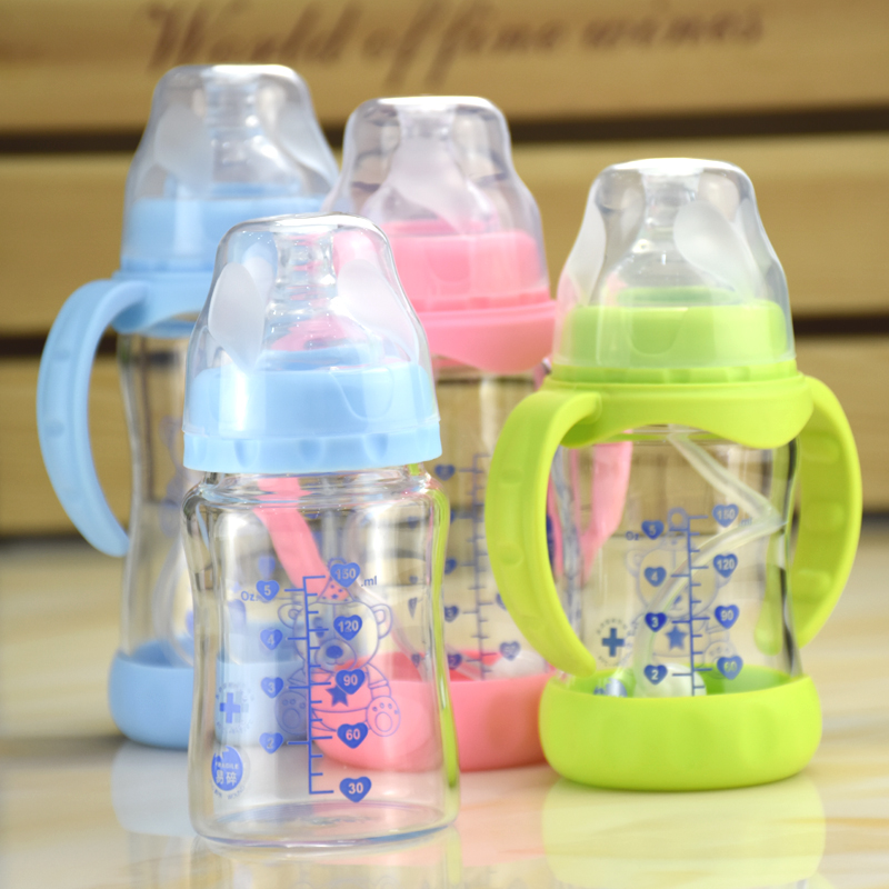 婴儿宽口径新款玻璃奶瓶防摔防胀气新生儿宝宝用品带吸管手柄底座