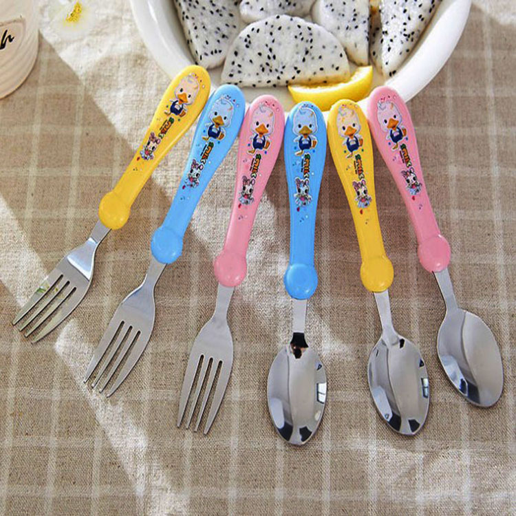 3支装宝宝儿童塑料柄不锈钢勺餐具组合饭勺子304水果叉1-10岁包邮