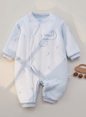 两三四个月婴儿衣服春秋a类纯棉斜襟宝宝春季加棉加厚保暖连体衣