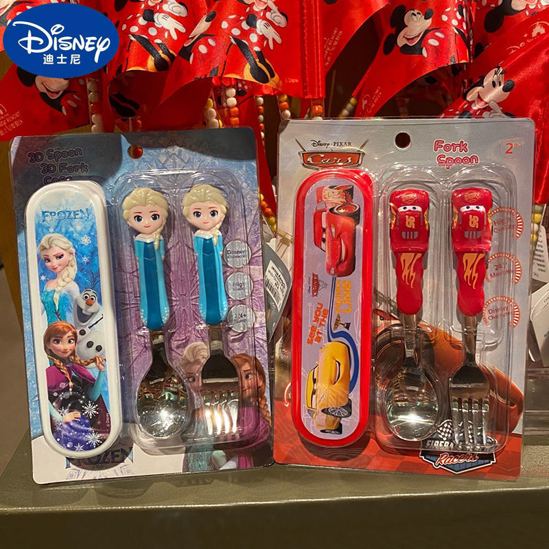 迪士尼儿童叉子勺子套装不锈钢卡通宝宝自主进食勺子叉子餐具盒子