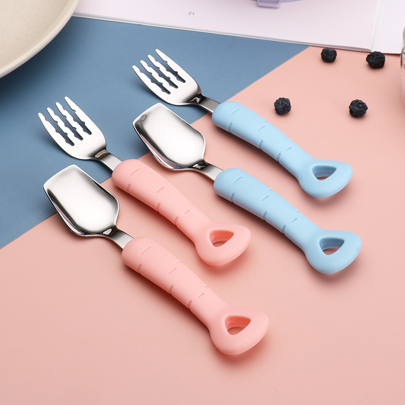 304不锈钢儿童餐具勺子叉子套装创意家用方头勺子宝宝吃饭训练勺