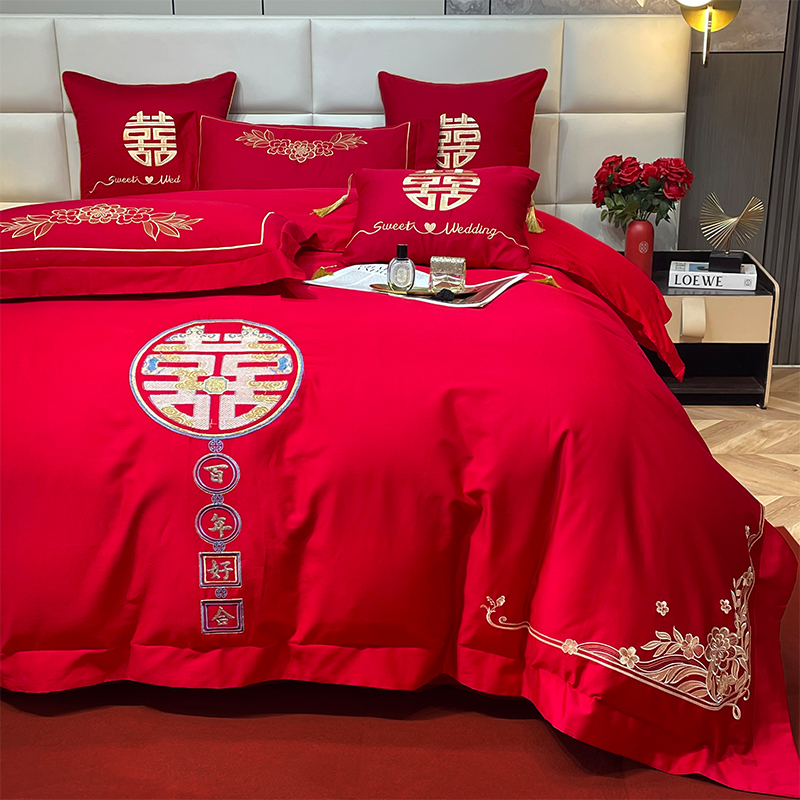 全棉刺绣结婚四件套大红色床单喜被100纯棉传统中式婚房布置陪嫁
