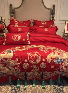 传统中式大红婚庆140支贡缎纯棉套件多件套质感柔软舒服床上用品
