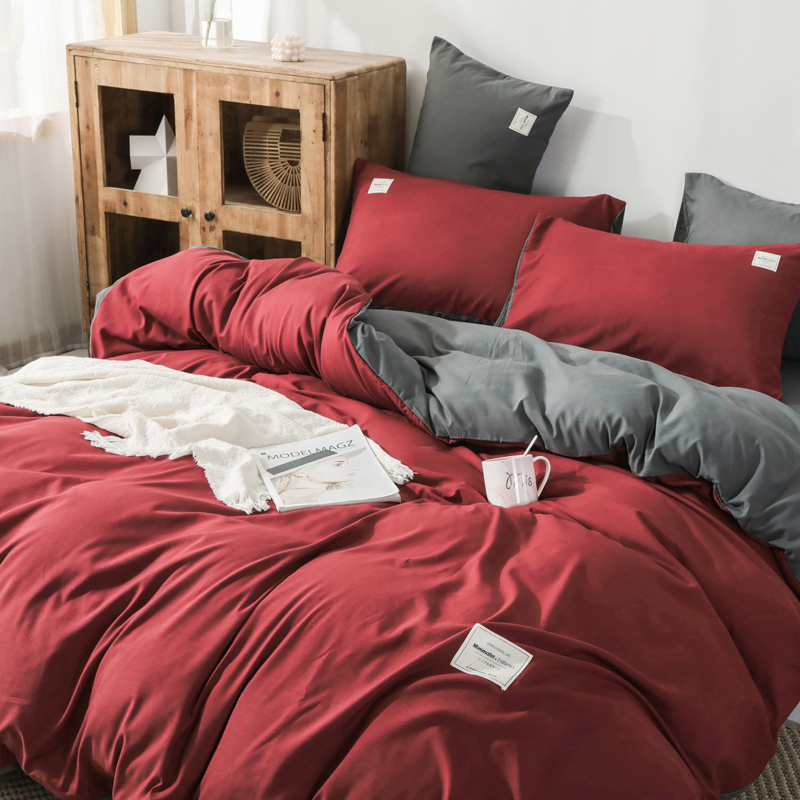 网红纯色床上用品四件套1.5/1.8m被套床单双人被子套件双拼贴布绣