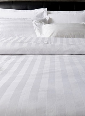 宾馆床上用品三公分条纹纯棉床笠加密加厚白被单专用酒店床单单件