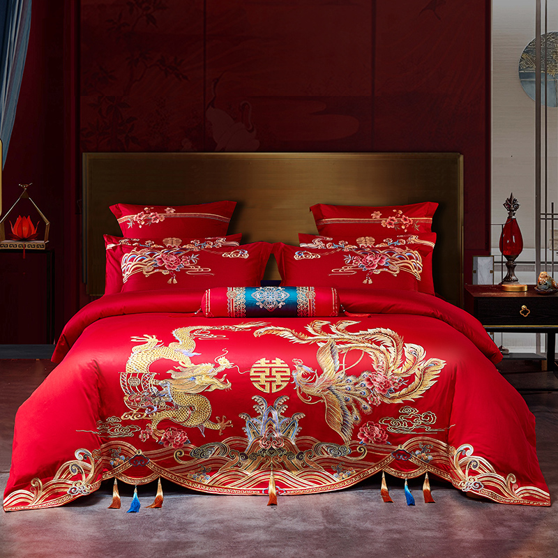 中式婚庆刺绣60支新疆长绒棉全棉高端四六十件套龙凤被套床上用品