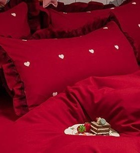 四件套红色系结婚公主风水洗棉床上用品新婚花边大红色磨床单T