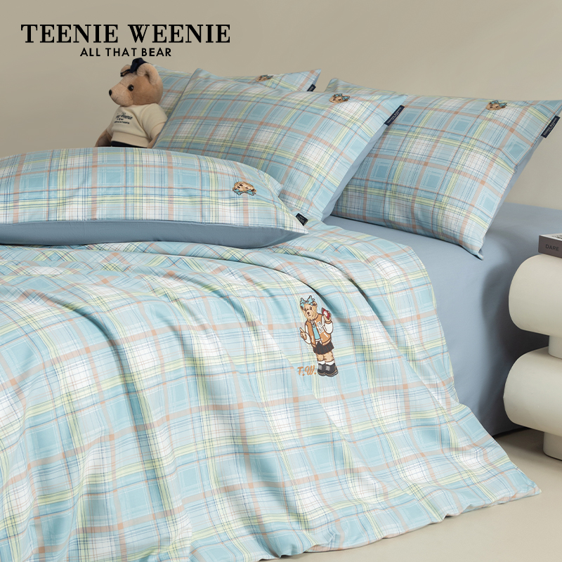TeenieWeenie小熊刺绣全棉格子四件套纯棉床单被套床上用品三件套