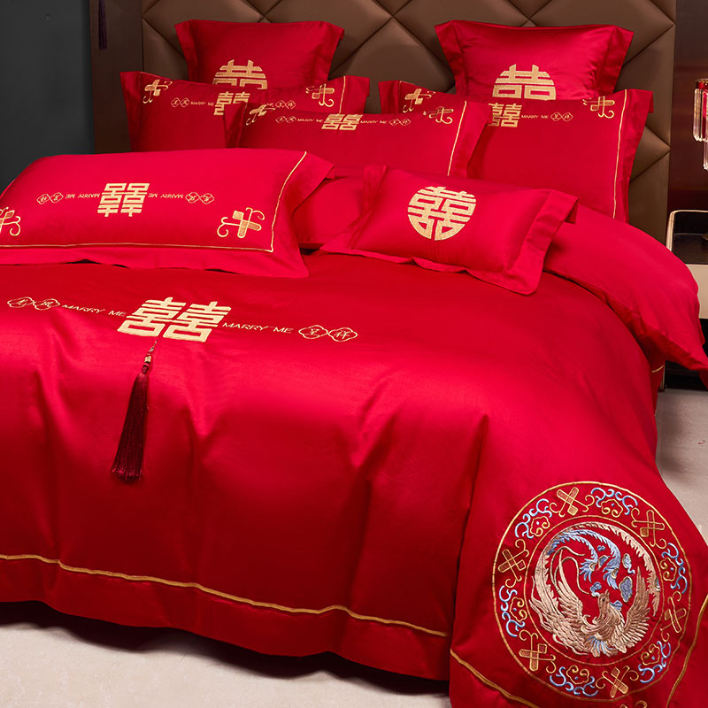 中式刺绣婚庆四件套纯棉红色结婚被套全棉高档新婚房床单床上用品