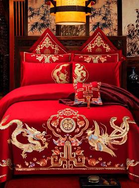 新婚庆四件套大红全棉刺绣结婚房床上用品纯棉被套喜六十被子件套