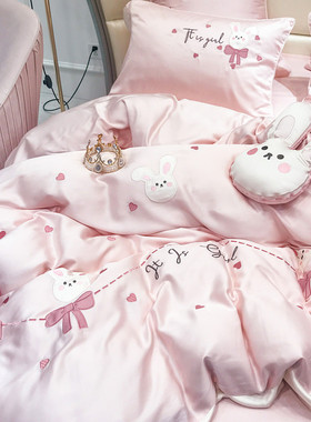 可爱小兔纸丝滑裸睡80支天丝四件套夏季薄款冰丝被套卡通床上用品