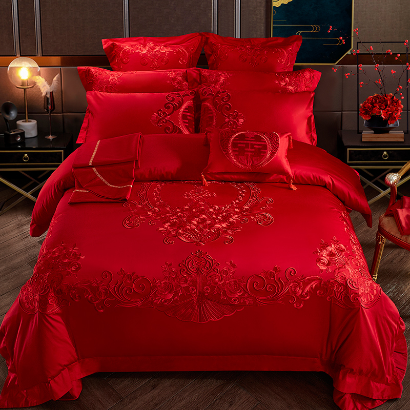 140s支全棉婚庆四件套刺绣婚房床上用品大红色喜被子结婚六十件套