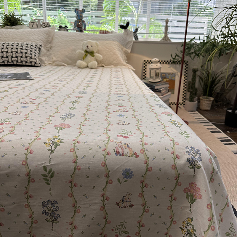 田园卡通兔纯棉宿舍家用单双人单件床单被单全棉床上用品0.9m1.2