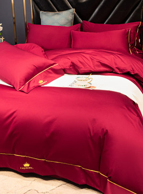 婚庆四件套全棉纯棉100床上用品大红色被子新婚结婚被套床单床笠